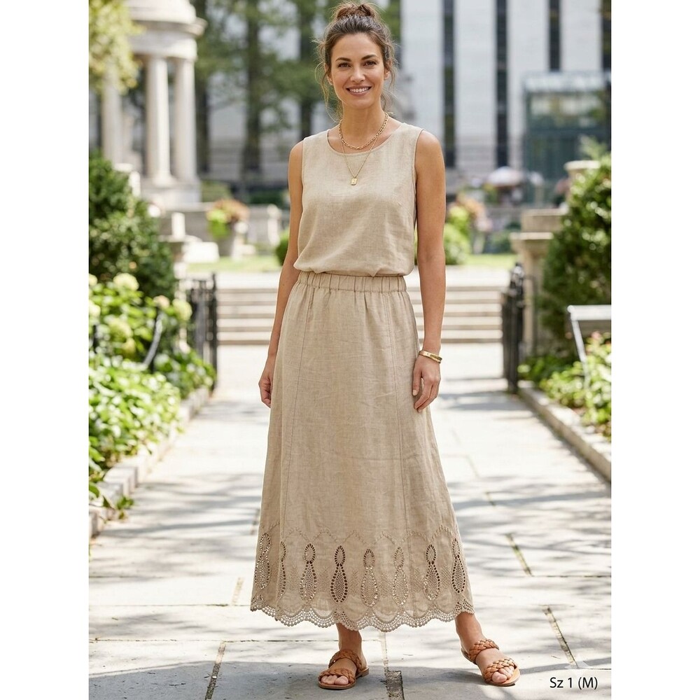 Chico’s Linen Maxi Skirt Beige/Tan Embroidered Hem, Sz 1 (M), Boho Coastal